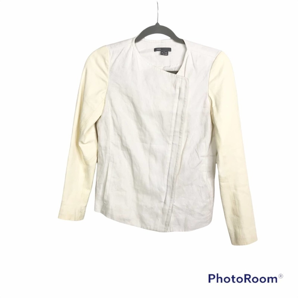 Vince leather and linen two tone asymmetrical jacket size 2